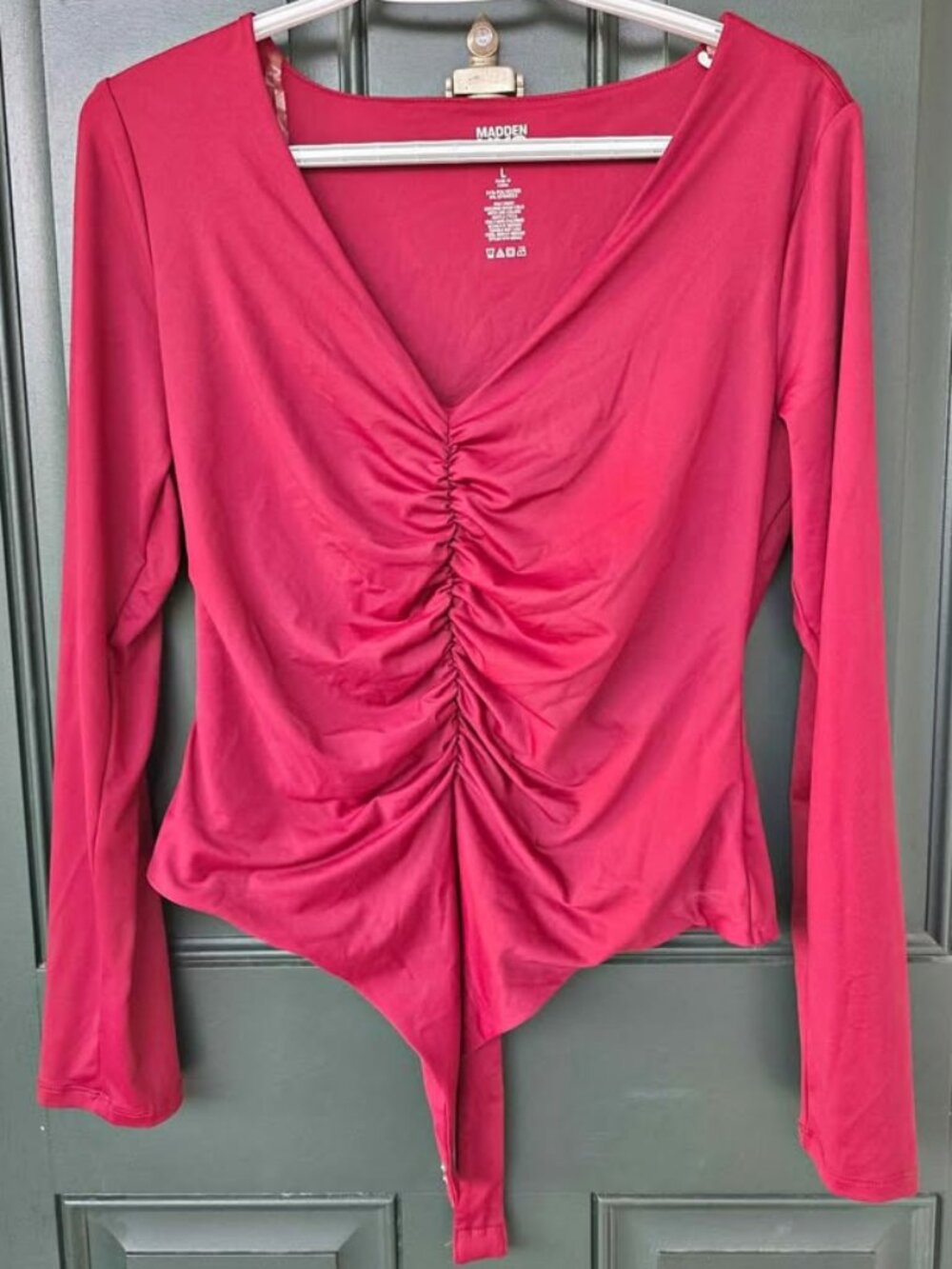 Womens Large Red Ruched Front Long Sleeve V-Neck Bodysuit L